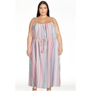 Time and Tru Tie Shoulder Linen Blend Maxi Women XXXL 22 Coral Bell Stripe